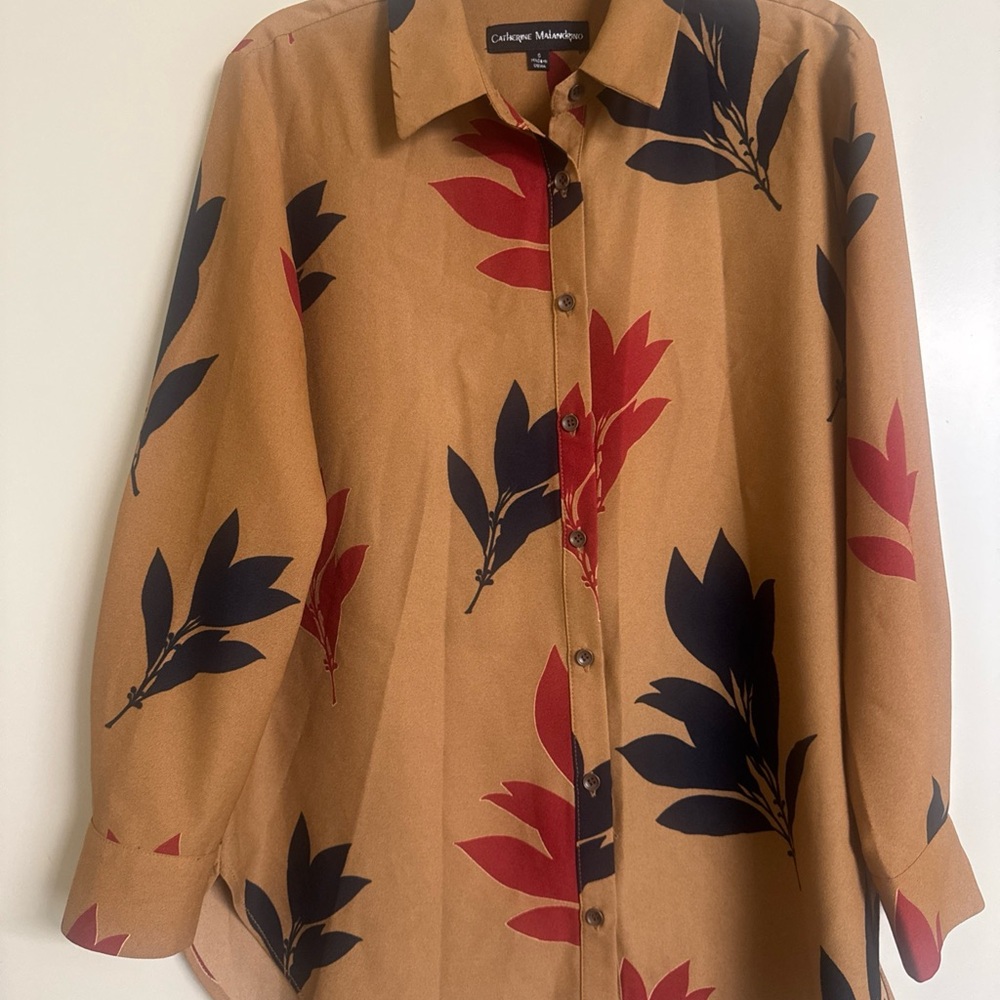 Catherine Malandrino Tan Brown Blouse Top Red Black Leaves Print S Button Down